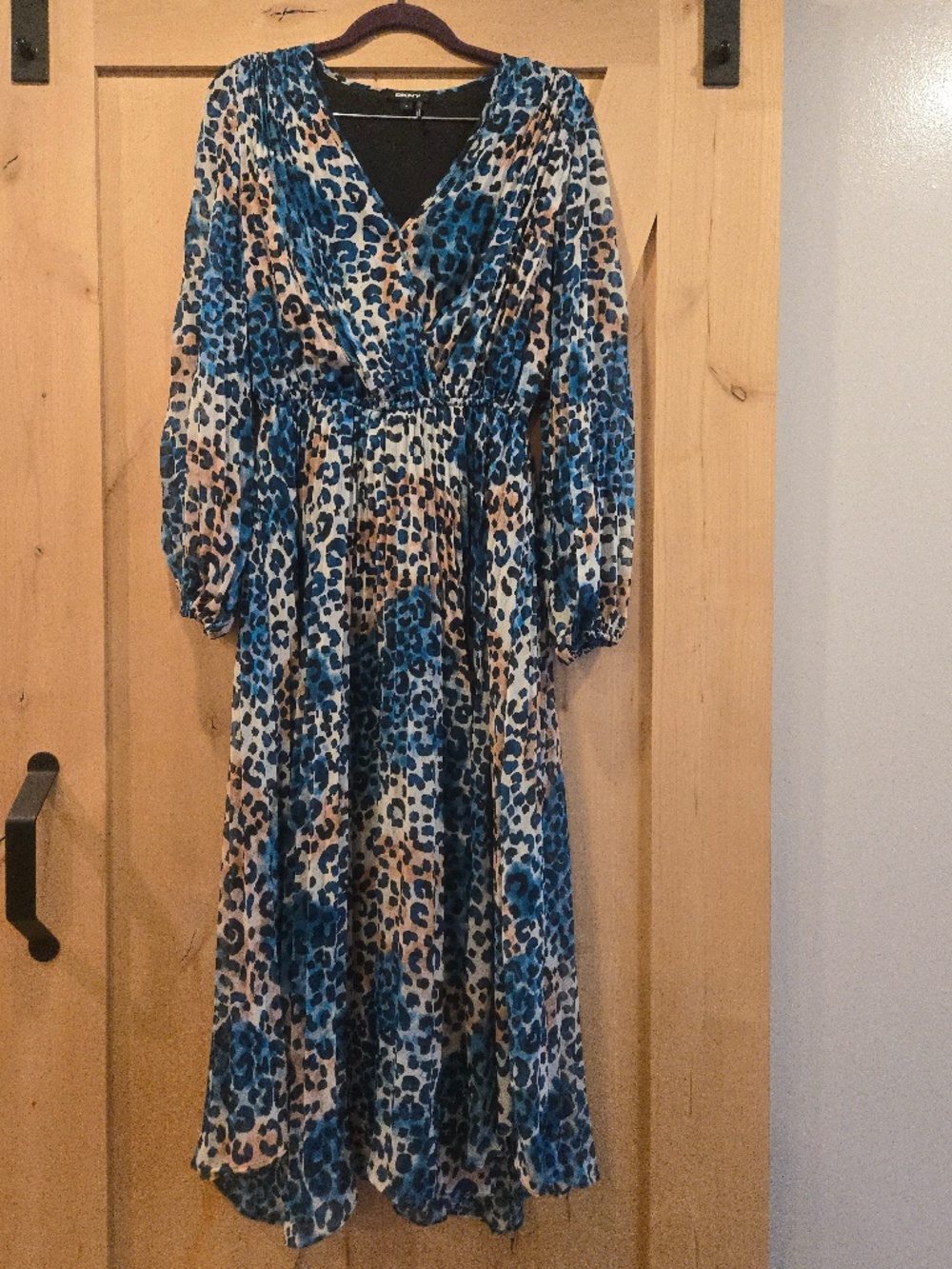 DKNY Surplice Dress Size Small Blue Leopard Maxi with Long Sleeves